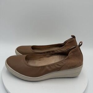 Vionic Jacey Leather Round Toe Ballet Wedge Shoes Brown Size 9.5 Wide Comfort
